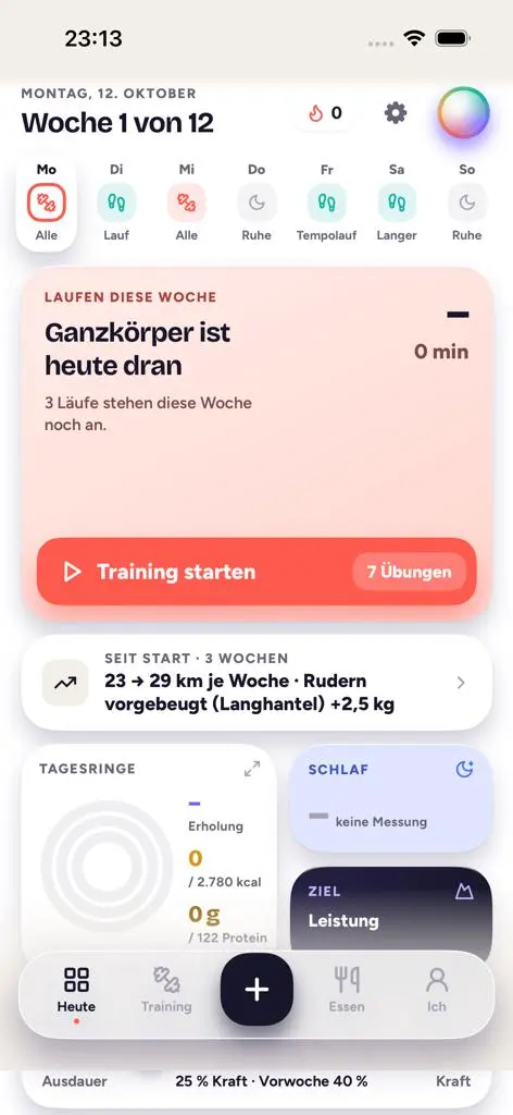 Tagesansicht der Fitness-App: Woche 1 von 12, heutige Einheit Ganzkörper mit Knopf Training starten