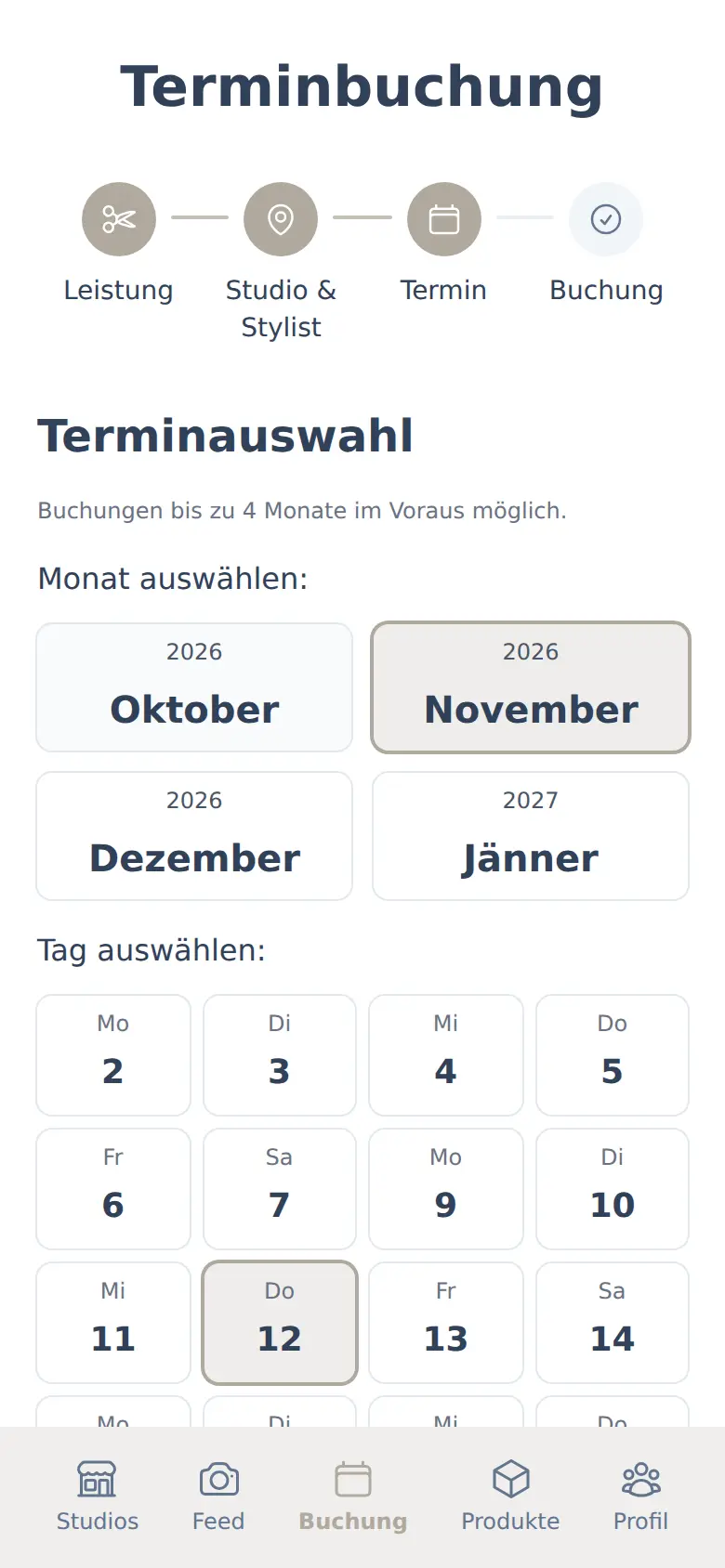 Buchungsschritt Termin: Monatsauswahl und Tagesraster für November