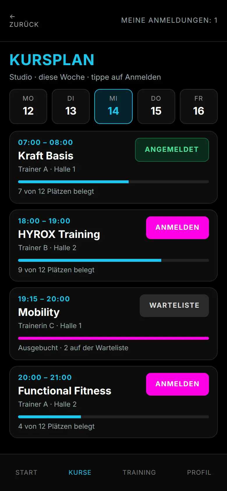 Entwurf der Kursanmeldung am Handy: Kursplan für Mittwoch mit Angemeldet, Anmelden und Warteliste