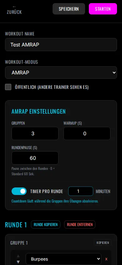 Workout-Editor auf dem Handy mit Feldern für Gruppen, Aufwärmen und Rundenpause